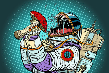 Astronaut monster eats Fly agaric. Greed and hunger of mankind c