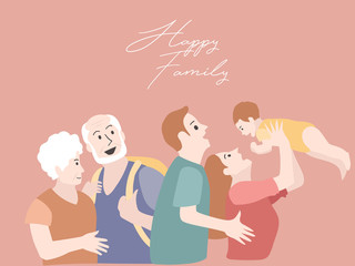 Family clip art -Multi-Generation Family, front view. Big family together. Vector illustration of a flat design