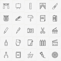 Art line icon set with clapper  , sketchbook and piano