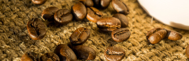 banner Size,Coffee and coffee beans in the morning; available space to create business imagination.