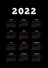 2022 year simple calendar in spanish, A4 size vertical sheet on dark background