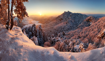 Majestic sunset panorama in winter mountains landscape, Slovakia.