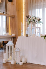 Elements of decoration of a wedding celebration at restaurant