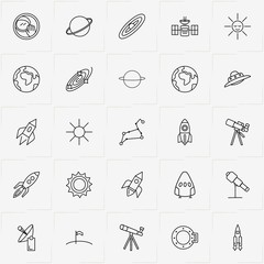 Astronomy line icon set with space porthole, space and spacecraft