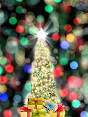 Conceptual image of decorated Christmas tree with colorful lights and ornaments