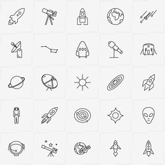 Astronomy line icon set with telescope, universe and space ship