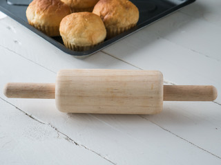 wood pound flour on white wooden background