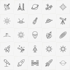 Astronomy line icon set with alien, saturn and telescope