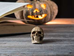 skull and book on pumpkin background