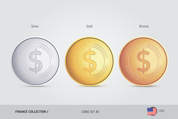 Golden, Silver and Bronze coins. Realistic metallic United States Dollar coins set. Isolated...