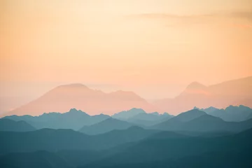 Fotobehang Blauwgroen Colorful, abstract double exposure of mountains in sunrise. Minimalist scenery with color gradients. Tatra mountains in Slovakia, Europe.