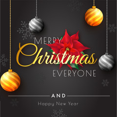 Merry Christmas and Happy New Year greeting card design with stylish lettering and flower on black background decorated with hanging baubles.