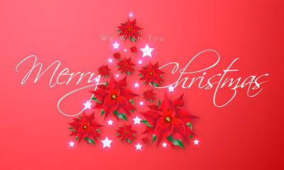 Obraz na płótnie Canvas Shiny Red poster or template design with stylish lettering Merry Christmas and Xmas tree made by flowers and stars for festival celebration concept.