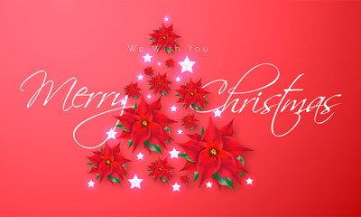Shiny Red poster or template design with stylish lettering Merry Christmas and Xmas tree made by flowers and stars for festival celebration concept.