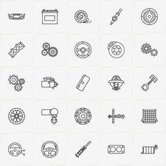 Auto Parts line icon set with accumulator, mechanism and auto part