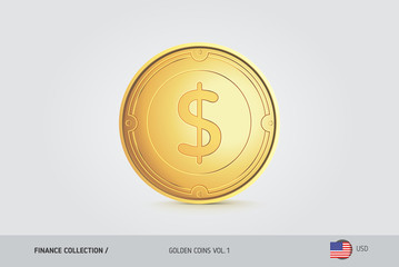 Gold coin. Realistic golden United States Dollar coin. Isolated object on background. Finance concept for websites, web design, mobile app, infographics.