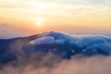 sunset in the mountains, beautiful Ukrainian landscapes, vacation, traveling, trekking in the wild, solitude