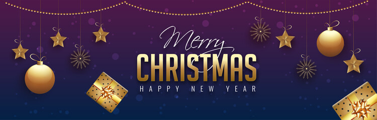 Merry Christmas and Happy New Year website header or banner design decorated with hanigng baubles, stars and gift boxes.