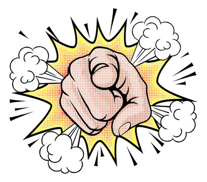 An illustration of a pop art comic book halftone pointing cartoon hand with explosion