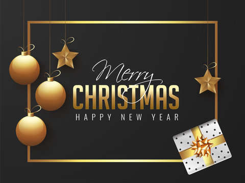 Poster or template design decorated with hanging baubles and stars on black background for Merry Christmas celebration.