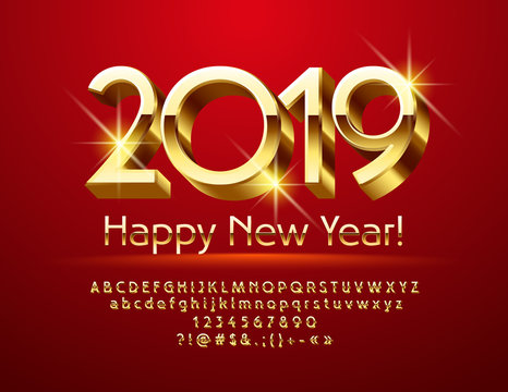 Vector Golden Greeting Card Happy New Year 2019. 3D Luxury Font. Elite Alphabet Letters