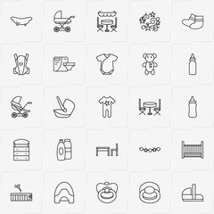 Baby Care line icon set with table with chair, baby's loose jacket and diapers