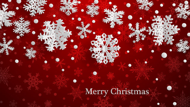 Christmas illustration with white three-dimensional paper snowflakes on red background