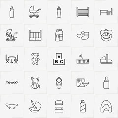 Baby Care line icon set with baby pacifier, shampoo and baby overalls