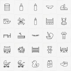 Baby Care line icon set with baby bath, cupboard with shelves and baby walker