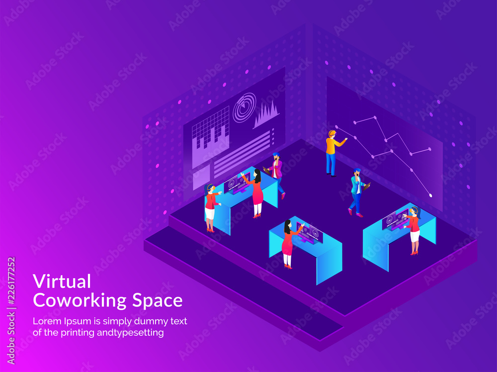 Poster responsive web template design, miniature business people analysis data or performing task together 