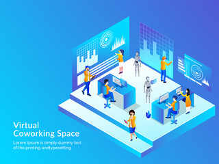 Virtual Co-Working Space concept with isometric illustration of people working together at distant place, analysis data through VR glasses. Responsive web template design.