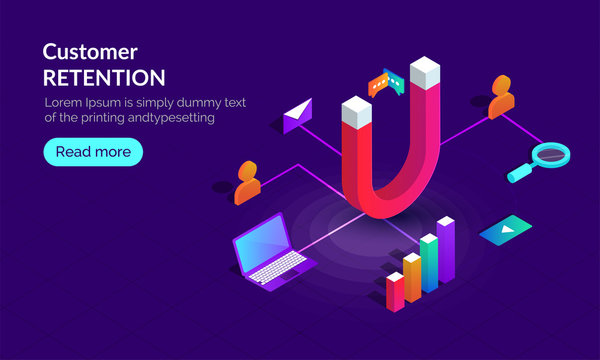 Responsive landing page design for Customer Retention concept with isometric illustration of magnet connected with business or marketing equipments on blue background. - Powered by Adobe