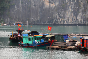 Fototapeta Local fishermen`s boats at Cat Ba island in Ha Long bay, Vietnam obraz