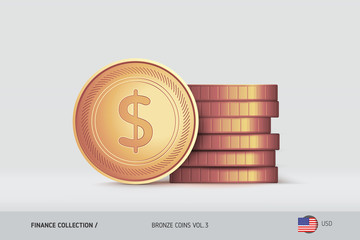Bronze coins. Realistic United States Dollar coin standing near of stacked coins. Finance concept for websites, web design, mobile app, infographics.
