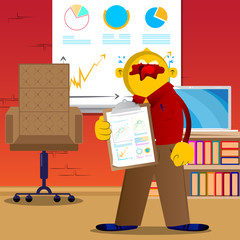 Yellow man shows finance report. Vector cartoon illustration.