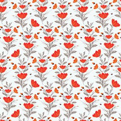 Ditsy print or seamless pattern background decorated with red flowers.
