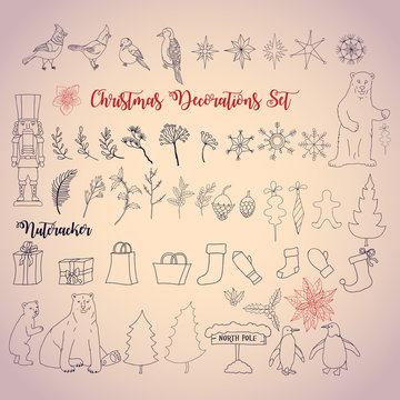 Christmas decoration set with Nutcracker. Vector Illustration