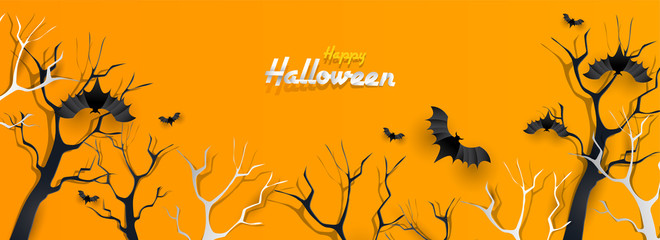 Happy Halloween header or banner design decorated with spooky trees and flying bats on yellow background.
