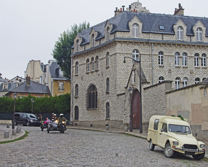 Sidecars in the cobbled streets of Montmartre in Paris, France