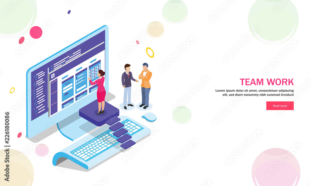 Poster teamwork concept based responsive landing page design, miniature people maintain and analysis data t
