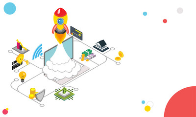 Isometric laptop with rocket for business startup concept, essential startup equipments on white background. Responsive web template design.