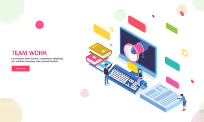 3D desktop with megaphone and study equipments, miniature people analysis data together for teamwork concept.