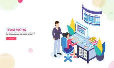 Business people analysis data together on desktop, isometric design for Teamwork concept.