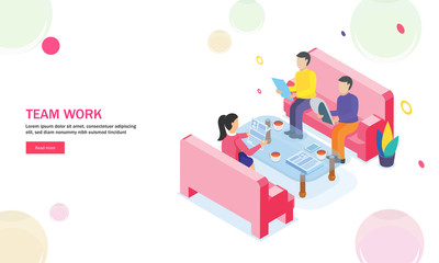 Responsive web template design, miniature business people in a meeting room, isometric design for Teamwork concept.