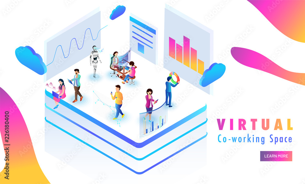 Poster virtual co-working platform, miniature people analysis data or stats on abstract background. respons