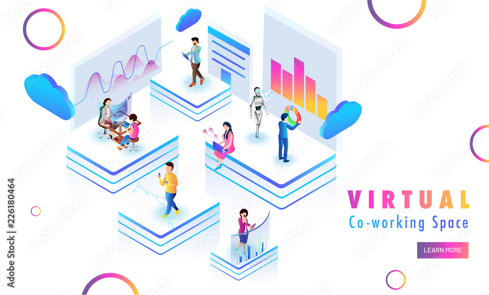 Poster isometric design for virtual co-working space web template design, remote coworking platform with mi