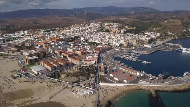 Arial view of old town Tarifa Cadiz Spain the southerns point of Europe close to Africa Continent Tangier Marco