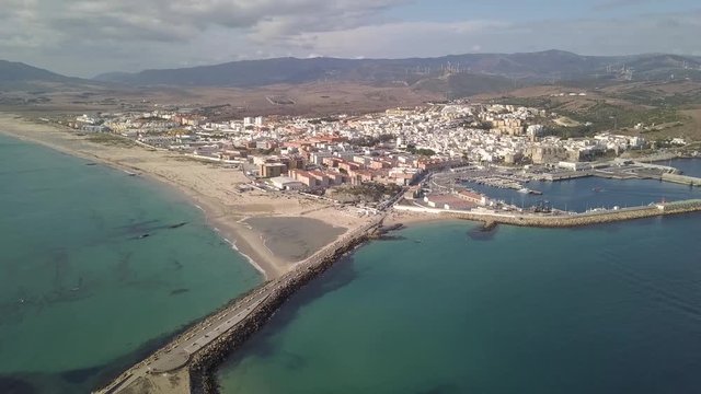 Arial view of old town Tarifa Cadiz Spain the southerns point of Europe close to Africa Continent Tangier Marco