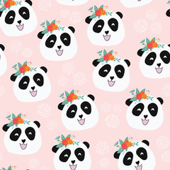 Panda bear with flowers seamless vector repeat pattern. Cute animal illustration on pink background for girls. For facric, paper, kids room decor, wallpaper, back to school, nursery, baby shower, card