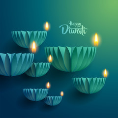 Happy Diwali. Paper graphic of Indian Diya oil lamp design. The Indian festival of lights.